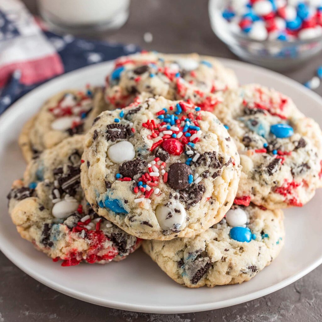 Sugar cookies shaped and decorated like exploding fireworks celebrate American Independence Day.