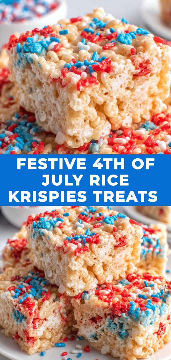 Red, white, and blue Rice Krispies treats in star and firecracker shapes celebrate Independence Day.