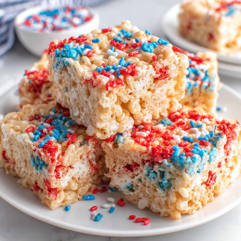 Red, white, and blue Rice Krispies Treats take center stage, celebrating Independence Day with a sprinkle-covered, star-spangled flair.