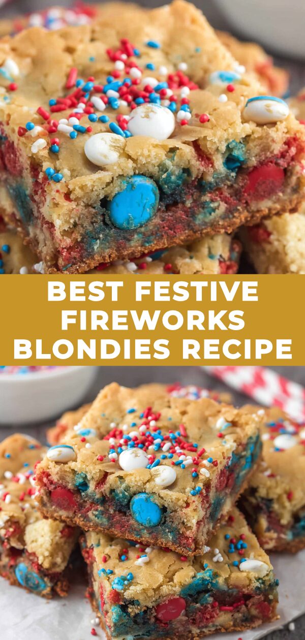 Golden blondies are dazzling with colorful, firework-shaped sprinkles.
