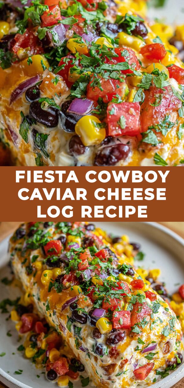 A festive log of creamy cheese is studded with colorful, chunky vegetables and beans, ready to be scooped up with chips.