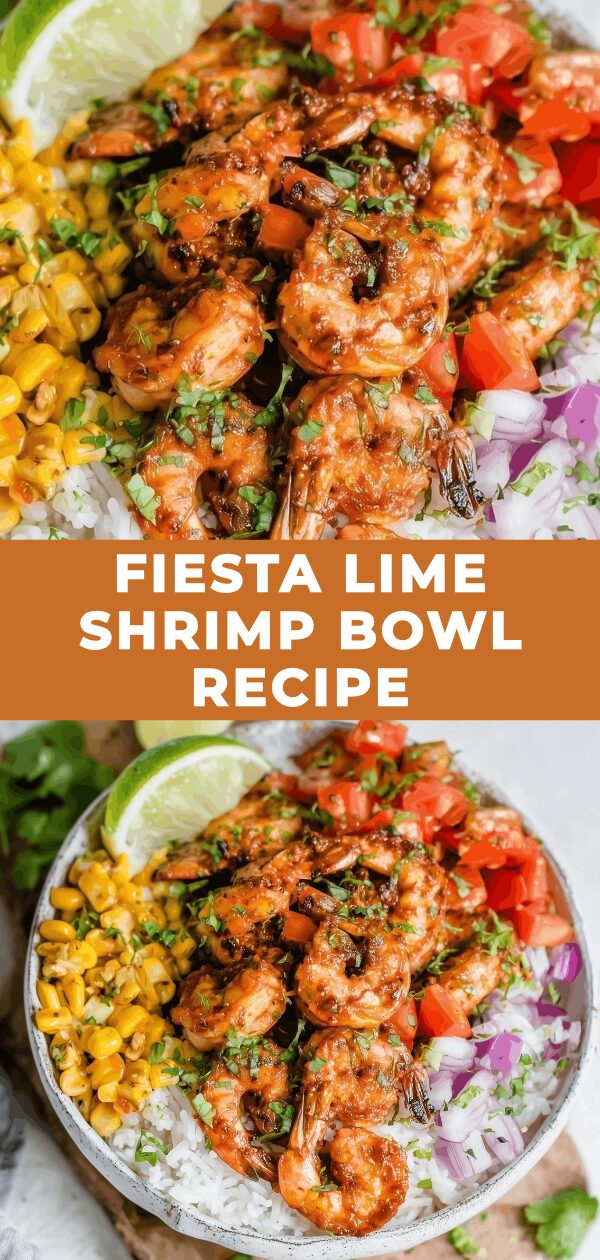A vibrant shrimp bowl overflows with colorful ingredients, promising a burst of fresh, zesty flavors.