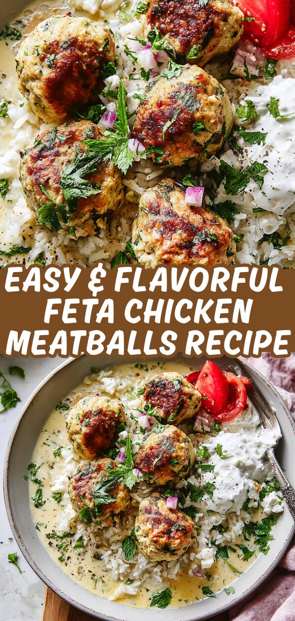 Golden-brown feta-infused chicken meatballs simmer in a vibrant sauce, promising a burst of Mediterranean flavors.
