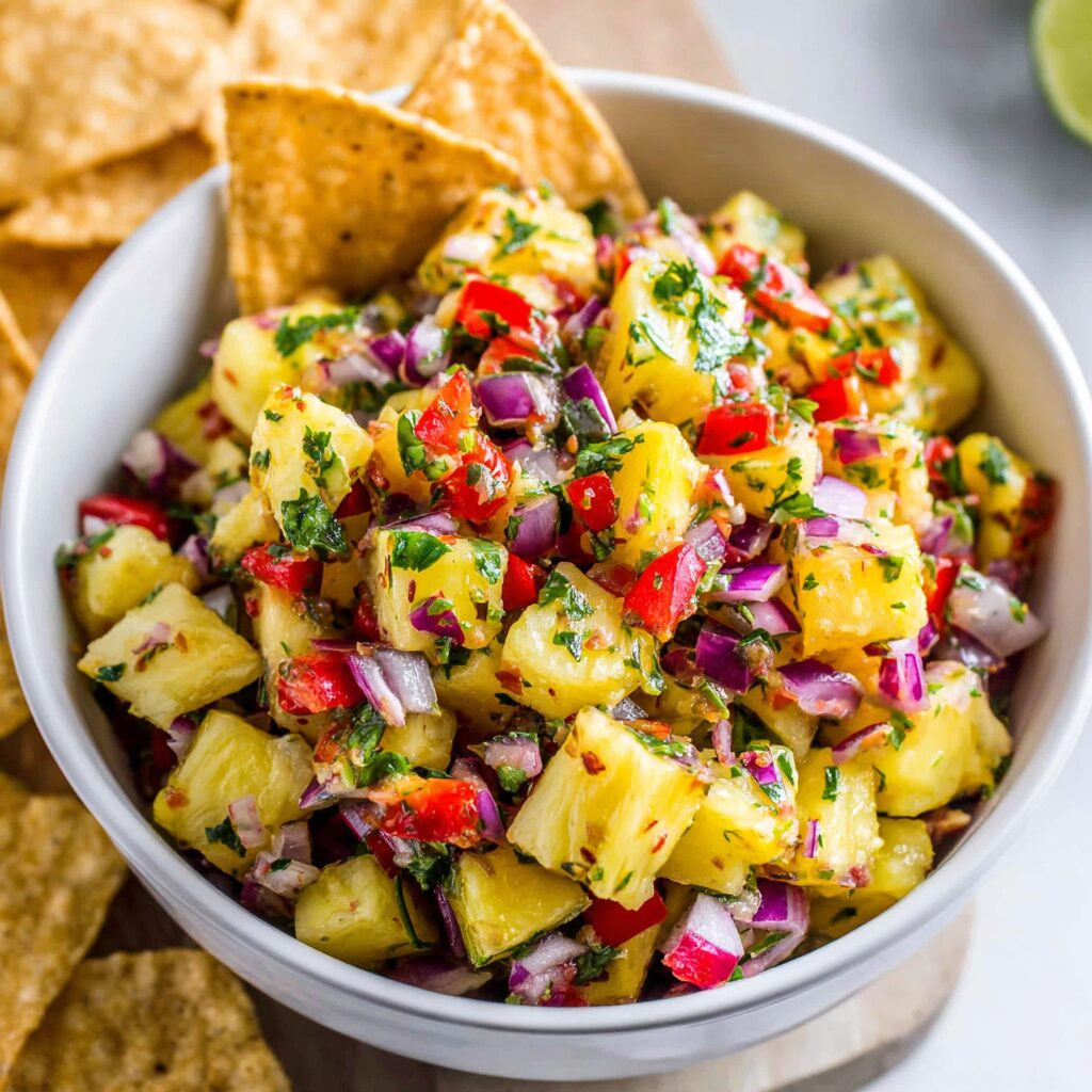 Vibrant, colorful salsa featuring chunks of pineapple bursts with freshness, promising a delicious snack or side dish.