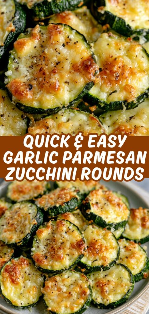 A split-screen image showcasing golden, parmesan-crusted zucchini rounds seasoned with garlic and black pepper.