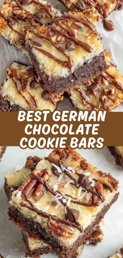 German chocolate cookie bars stacked high with a rich brownie base creamy coconut pecan topping chocolate drizzle toasted pecans and shredded coconut.