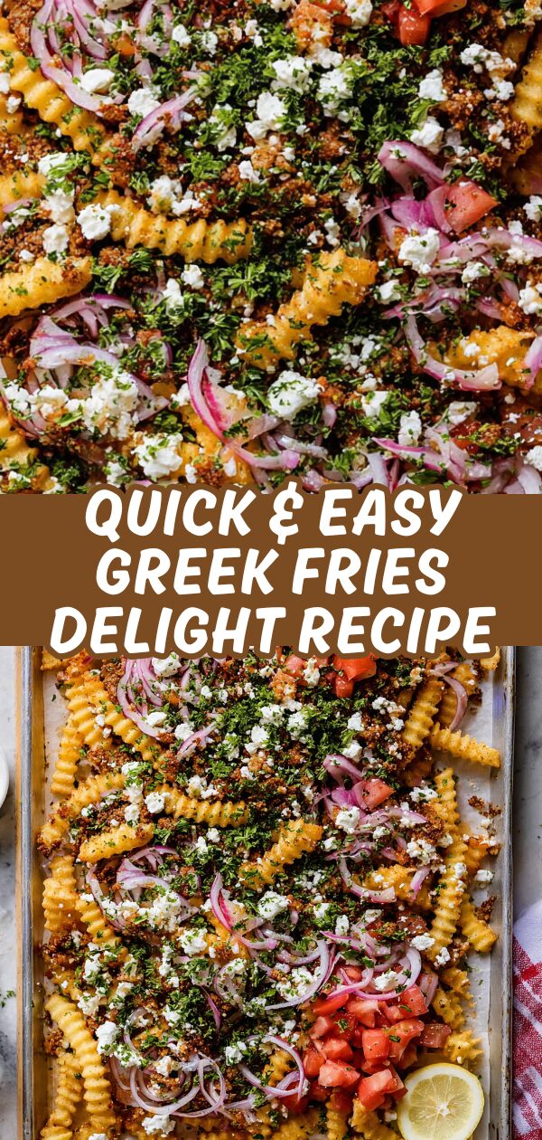 Golden, crispy fries are generously topped with feta, herbs, and a scattering of olives, promising a burst of Mediterranean flavors.