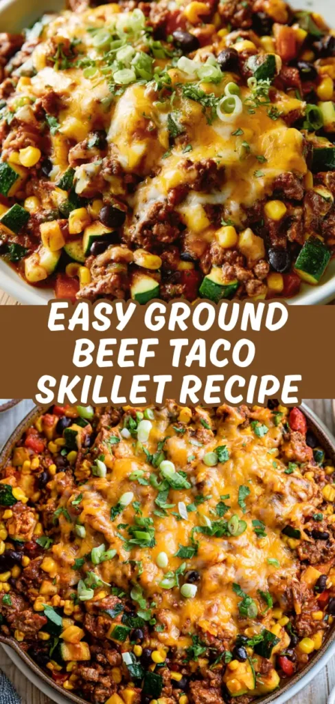 Ground beef taco skillet topped with melted cheese and chopped green onions.