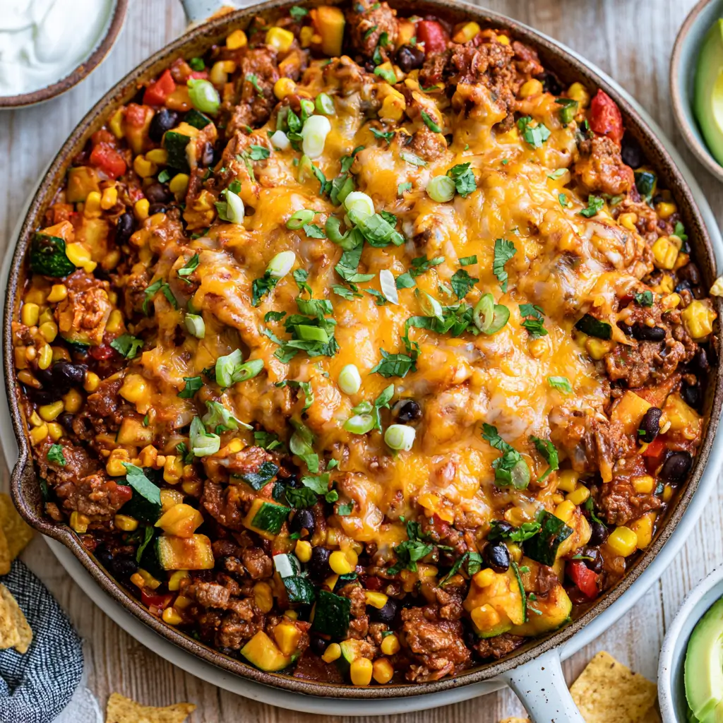 Cheesy beef and vegetable casserole topped with melted cheese and chopped green onions.