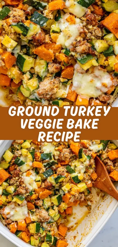Ground turkey and veggie bake topped with melted cheese, with a serving spoon in a white dish.