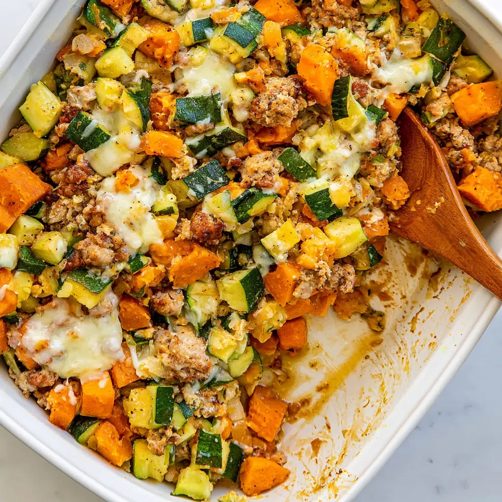 Ground turkey veggie bake in a white casserole dish with seasoned ground turkey sweet potato chunks zucchini melted cheese and a wooden spoon.