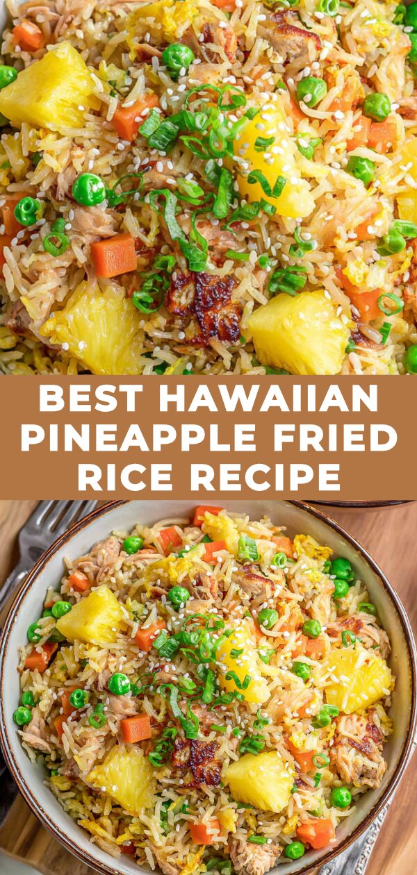 A vibrant dish of pineapple fried rice is served in a carved-out pineapple half, showcasing a tropical culinary creation.