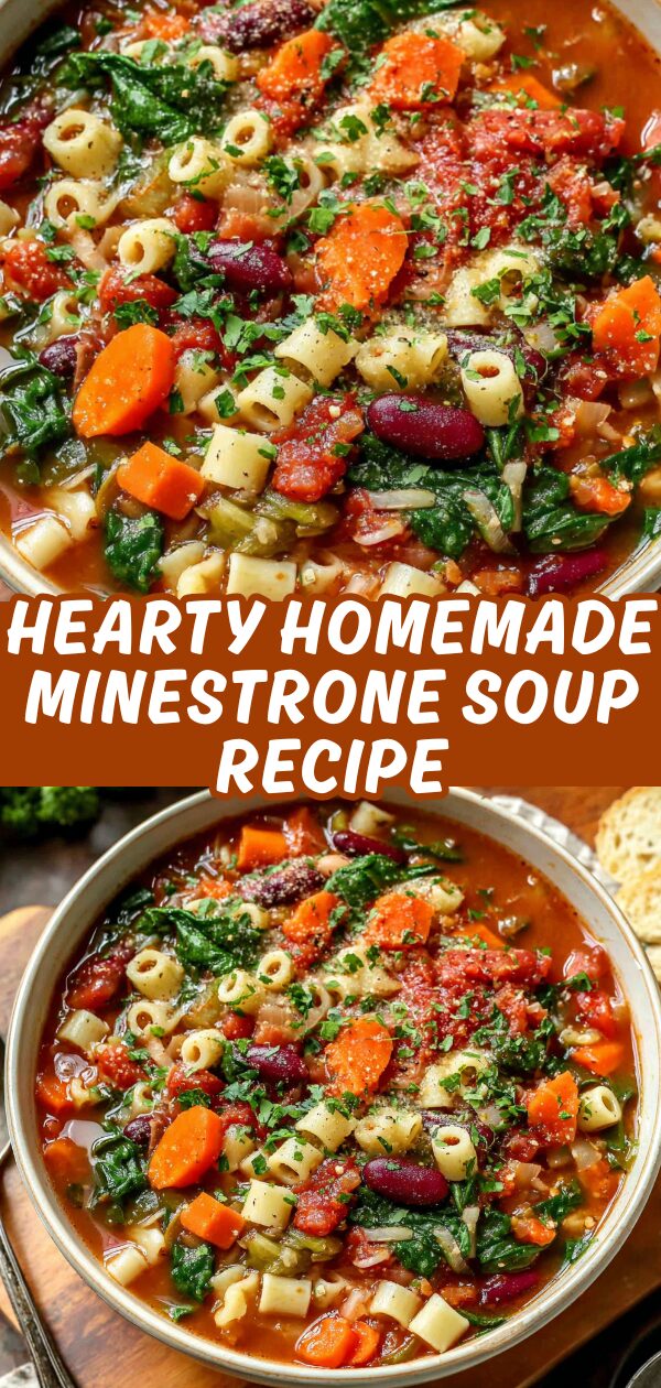 A vibrant, steaming bowl of minestrone soup boasts a medley of vegetables and pasta, promising warmth and comfort.