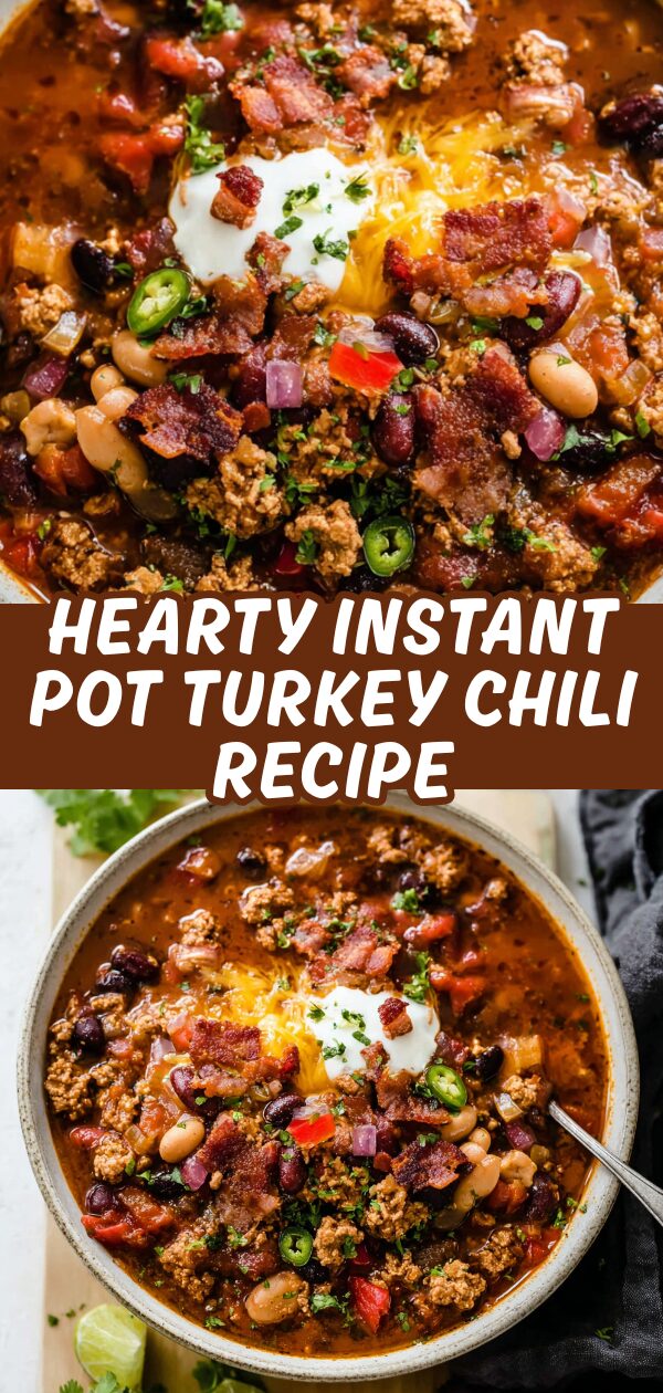 A steaming bowl of turkey chili, flavorful with visible vegetables and spices, looks ready to enjoy.