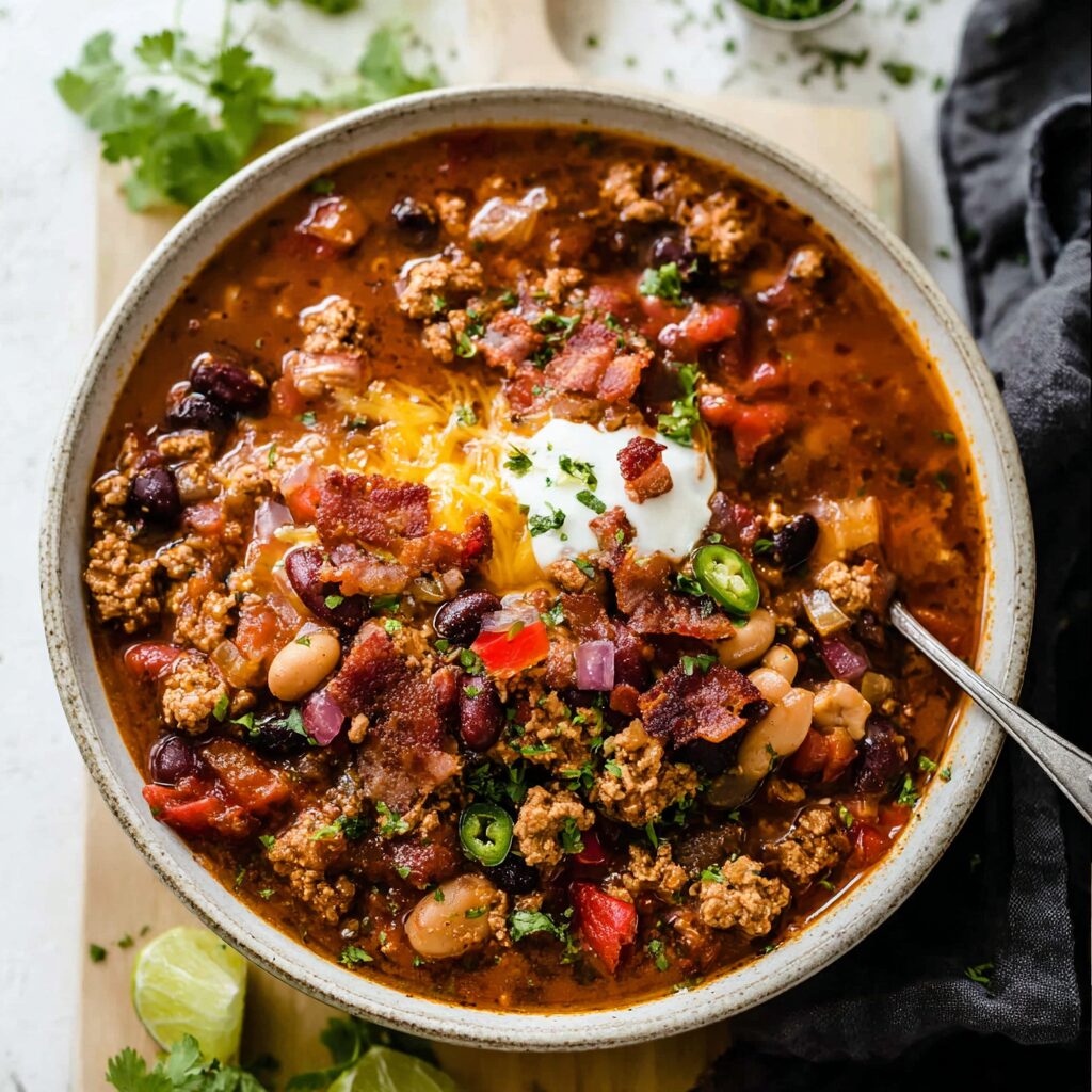 A steaming bowl of turkey chili, topped with fresh garnishes, is ready to be devoured.
