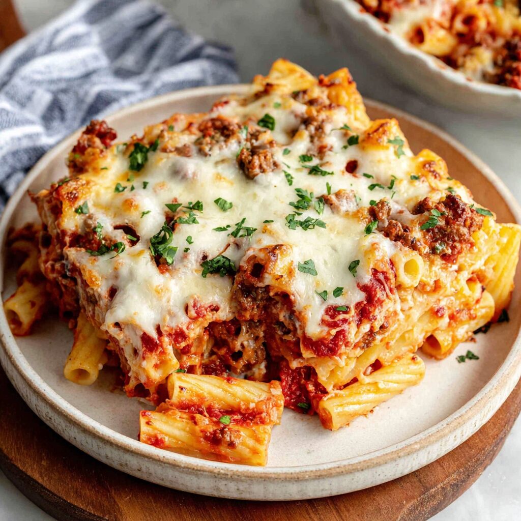A bubbling casserole of ziti, cheese, and sauce promises a comforting Italian feast.