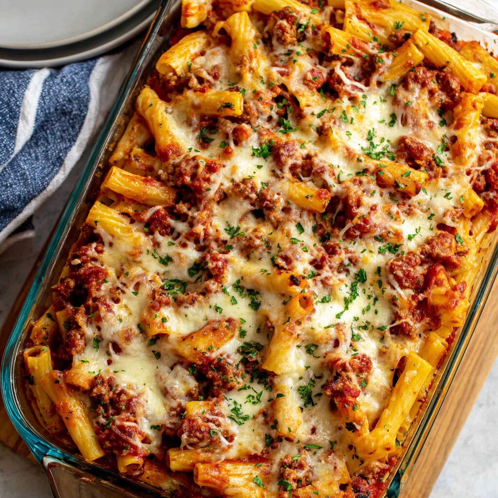 A bubbling casserole of cheesy, meat-sauced ziti simmers with a golden-brown crust.