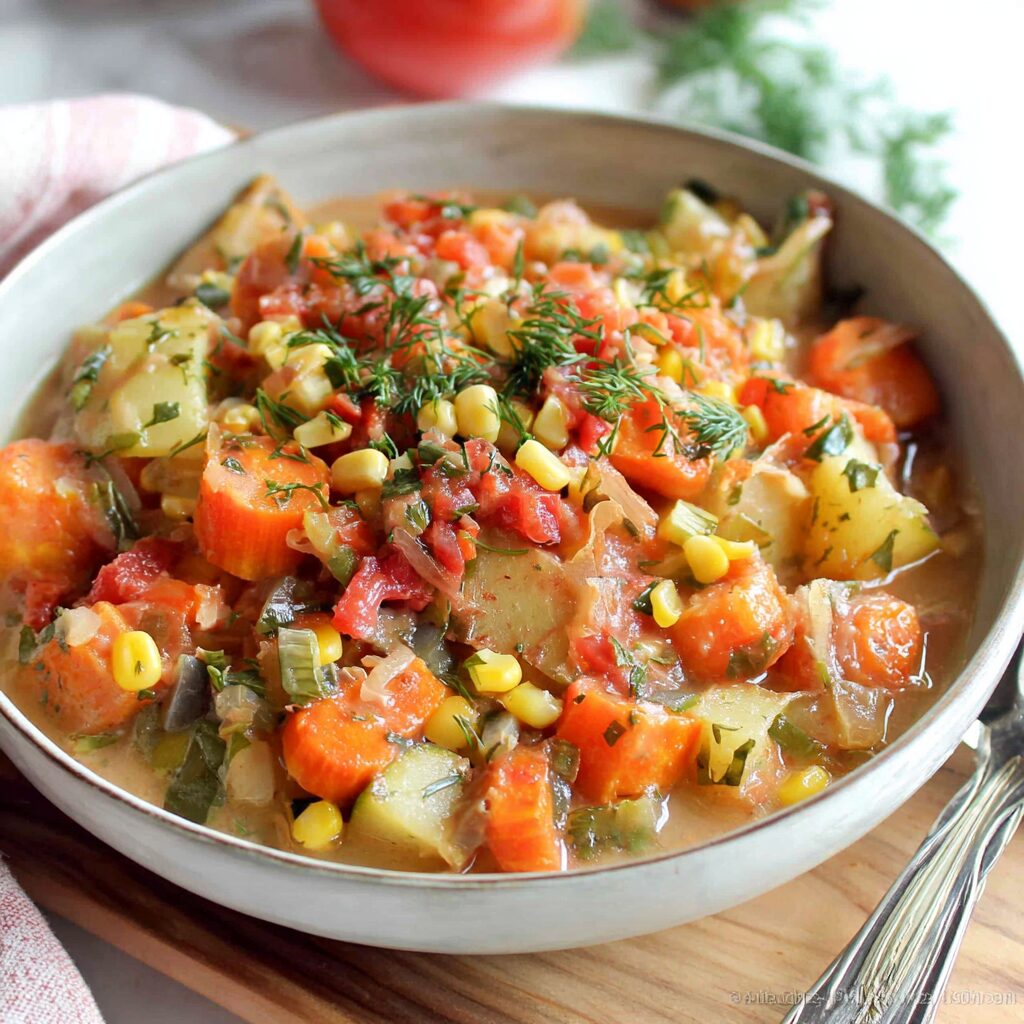 A vibrant, steaming bowl of vegetable stew showcases the colorful bounty of summer.