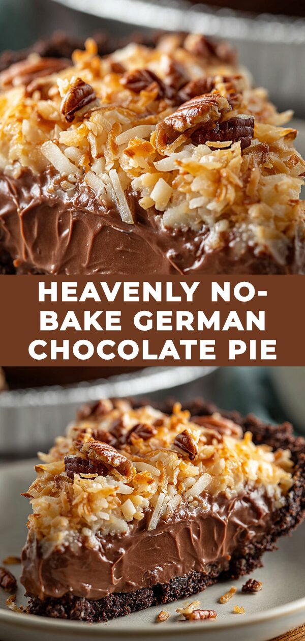 A decadent slice of no-bake German chocolate pie, featuring a rich chocolate filling and coconut pecan topping, promises a taste of pure bliss.