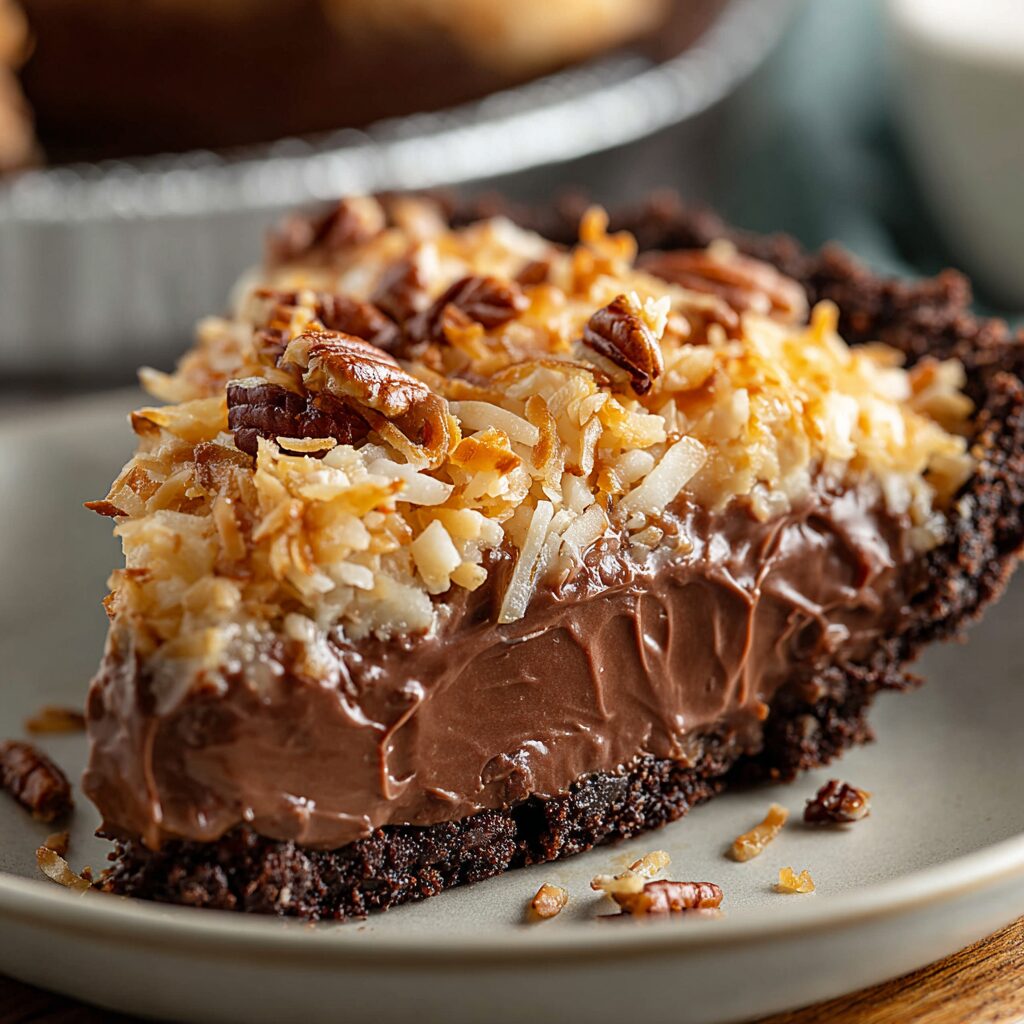 A decadent, chilled pie with a chocolate coconut topping prepares to tantalize the taste buds.