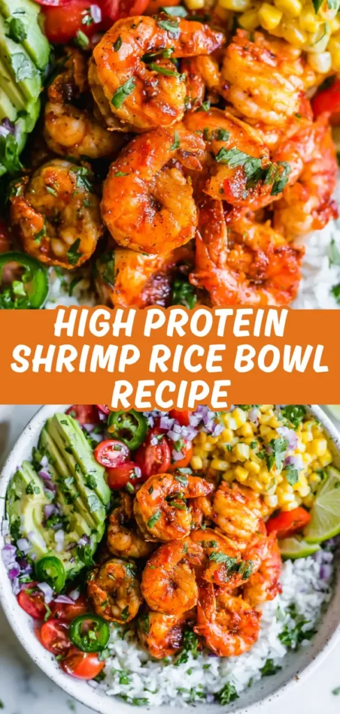 A collage showing a close up of glossy seasoned shrimp over cilantro rice and a full bowl shot with avocado, corn, cherry tomatoes, jalapeno slices, and a lime wedge.