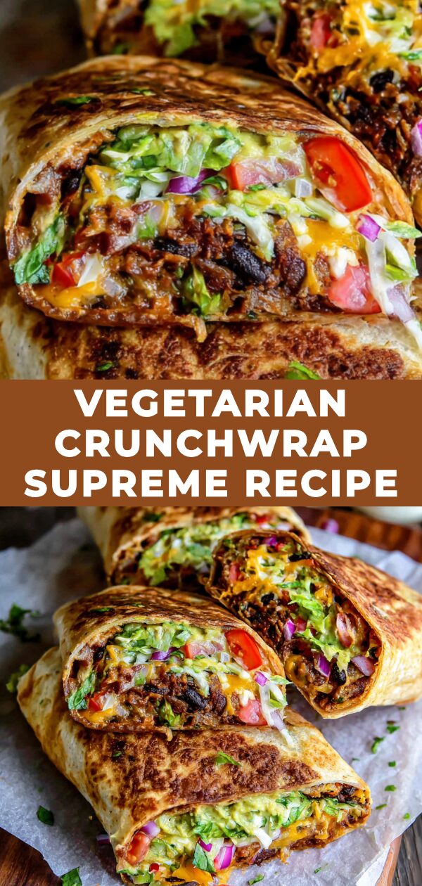 A vibrant vegetarian Crunchwrap Supreme bursts with layers of fillings, promising a satisfyingly crunchy and flavorful bite.