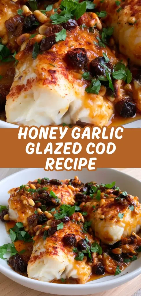 Creamy cod fillets topped with a honey garlic glaze, olives, pine nuts, and fresh herbs.