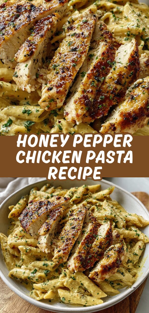 Tender chicken and pasta are tossed in a glistening honey-pepper sauce, garnished with fresh herbs.