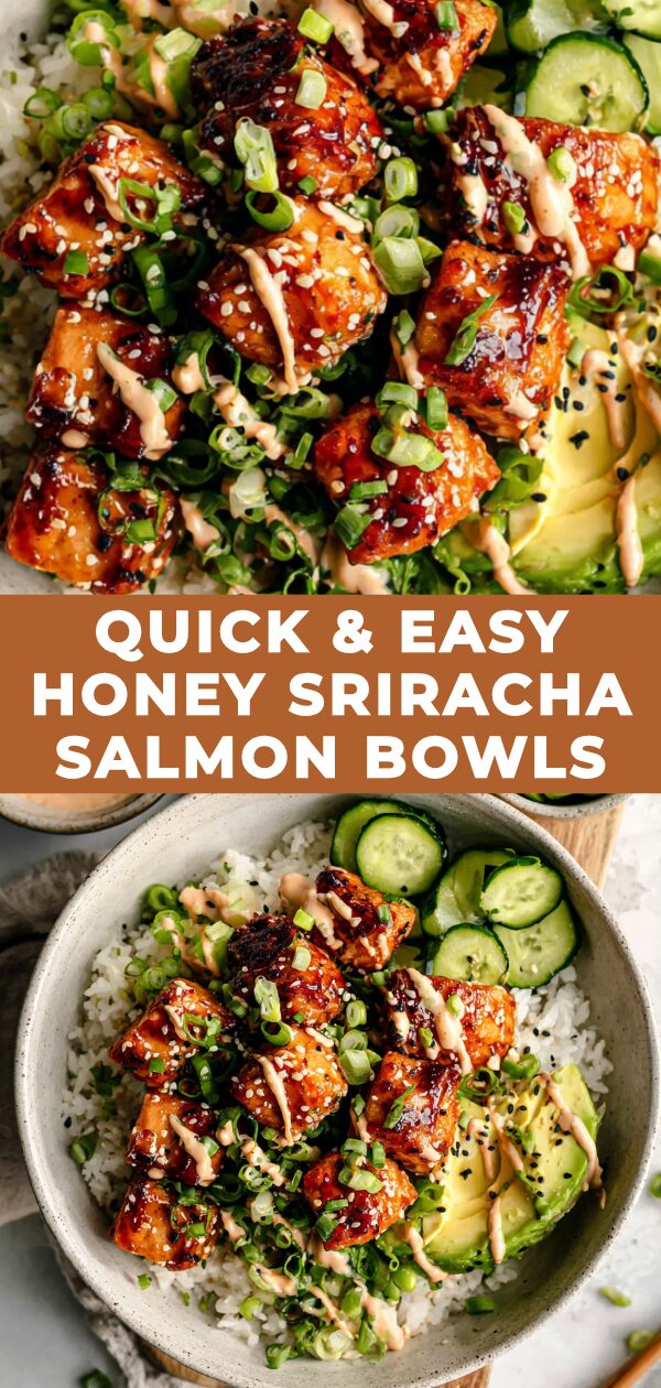 A vibrant salmon bowl bursts with colorful veggies, rice, and a drizzle of honey sriracha sauce.