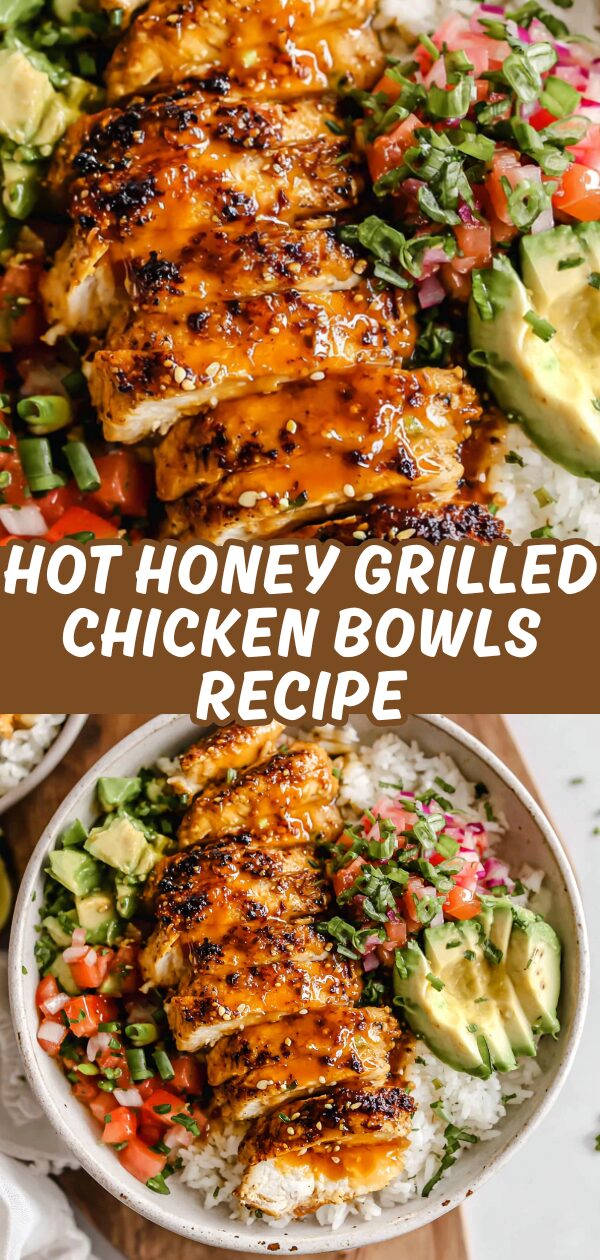 A vibrant bowl overflows with grilled chicken, drizzled with hot honey, and nestled atop a bed of fluffy rice with colorful toppings.