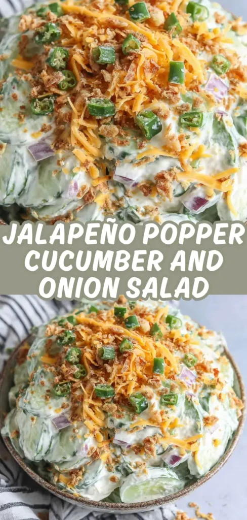 Jalapeño popper cucumber and onion salad in a bowl filled with sliced cucumbers red onion in creamy dressing and generously topped with shredded cheddar sliced jalapeños and crispy crumbs.