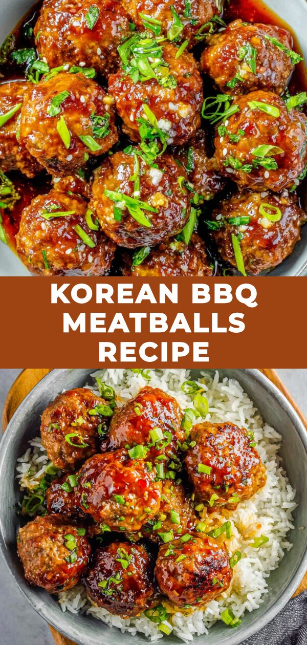 Juicy, glazed Korean BBQ meatballs glisten, promising a delicious fusion of flavors.
