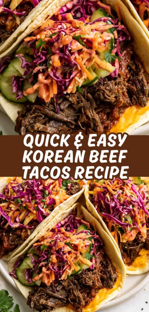 A collage showing a close up of saucy shredded Korean beef with colorful slaw in a tortilla, and a full plate view of three loaded tacos topped with cucumber, carrot, and cabbage.