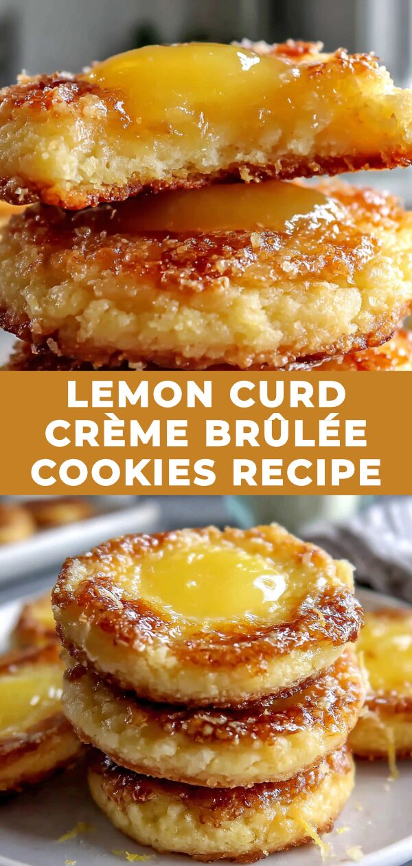 Golden-brown cookies cradling creamy, torched lemon curd await a delightful bite.