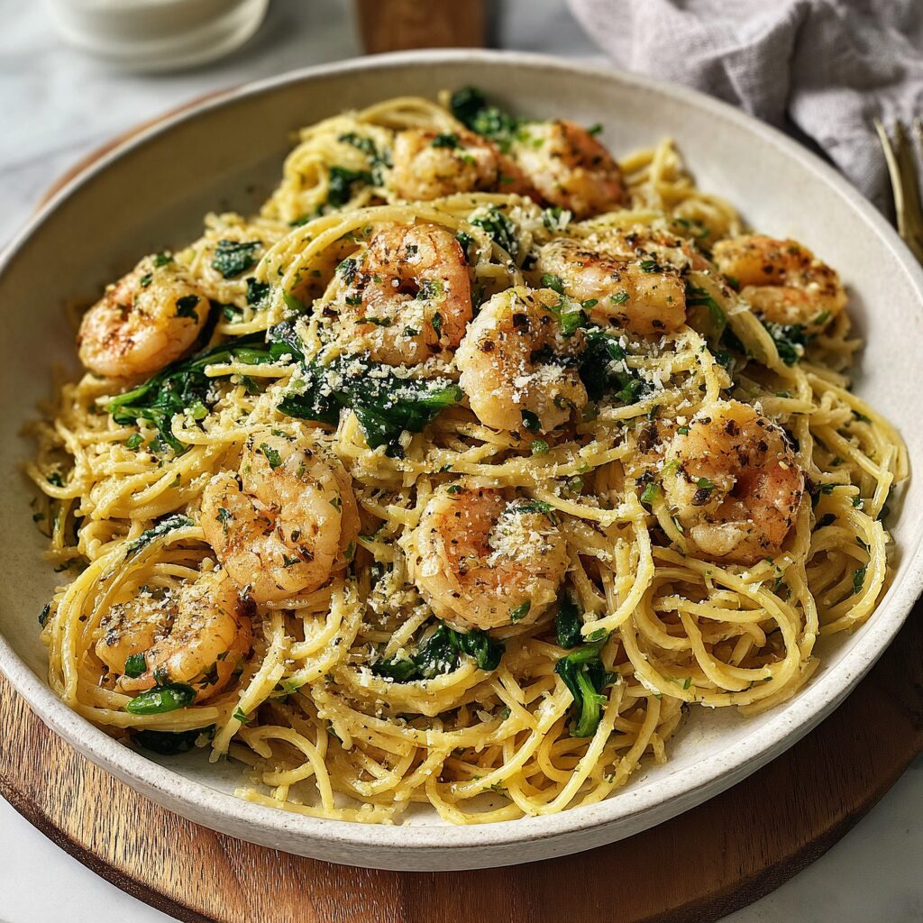A vibrant plate of shrimp pasta swims in a luscious, glistening sauce, garnished with fresh herbs.