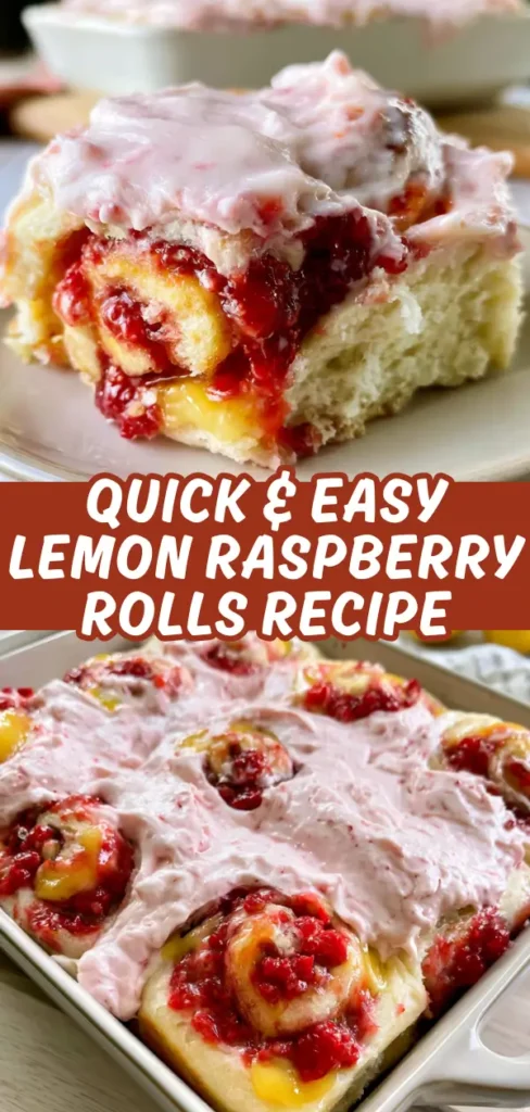 A collage showing a close up of a single lemon raspberry roll with visible fruit swirls and pink frosting, paired with a full pan shot of the entire batch fresh and frosted.