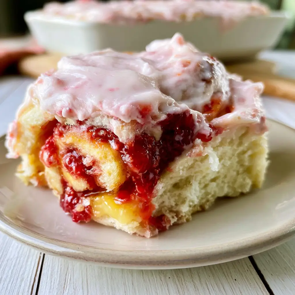 A single lemon raspberry roll on a ceramic plate showing pillowy soft dough layered with vivid raspberry and lemon curd filling, crowned with fluffy pink cream cheese frosting.