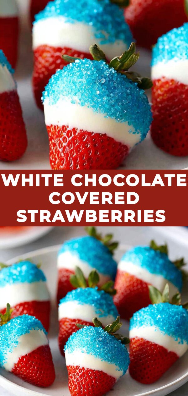 Luscious strawberries gleam under a blanket of white chocolate, promising a delightful treat.