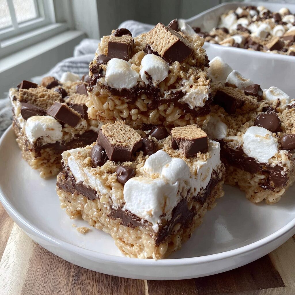 Golden, gooey Rice Krispie bars lavishly topped with melted chocolate and marshmallow.