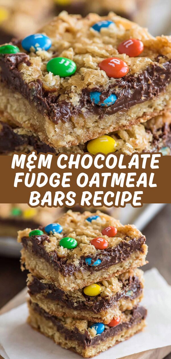 A golden-brown oatmeal bar studded with colorful M&M's and a swirl of fudge promises a delightful homemade treat.