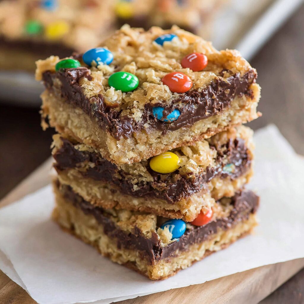Golden-baked oatmeal bars studded with vibrant M&M's and a swirl of chocolate fudge promise a delightful treat.