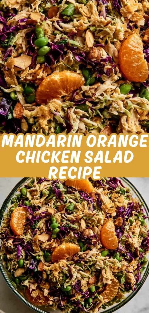 A collage of two overhead shots of mandarin orange chicken salad showing a close crop of cabbage, edamame, and orange segments, and a full glass bowl view of the complete tossed salad.