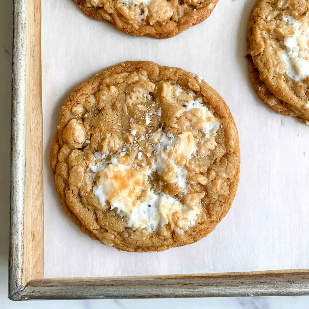 A close up of a large golden cookie with toasted marshmallow patches, crispy rice cereal bits, and flaky sea salt scattered across the top on a parchment lined pan.