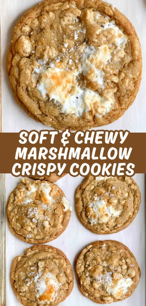 A collage showing a single overhead shot of a marshmallow crispy cookie with sea salt and a tray of six cookies fresh from the oven, golden and gooey.