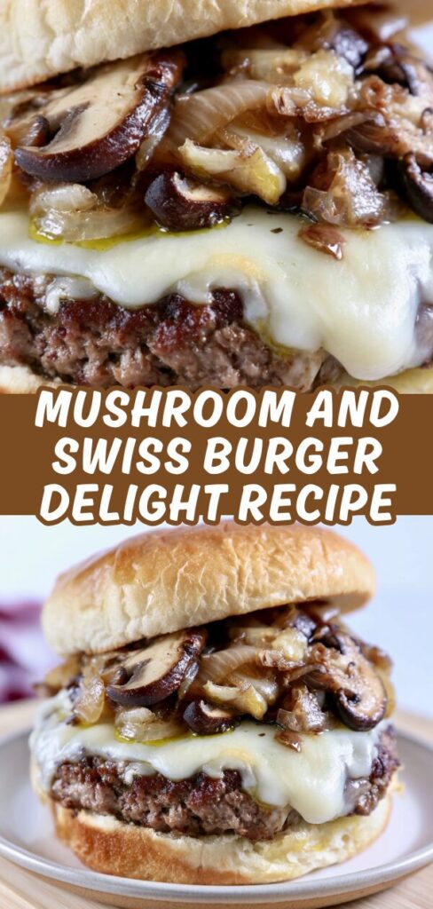 A delicious two-part graphic showing a close-up and full view of a Swiss cheese burger piled high with caramelized onions and mushrooms.