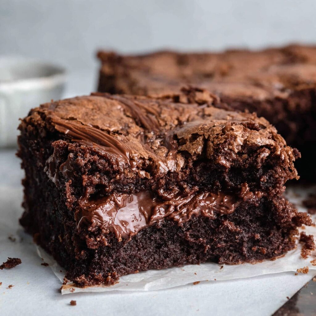 Fudgy Nutella brownies, boasting a crackly top, promise a rich, chocolate hazelnut indulgence.