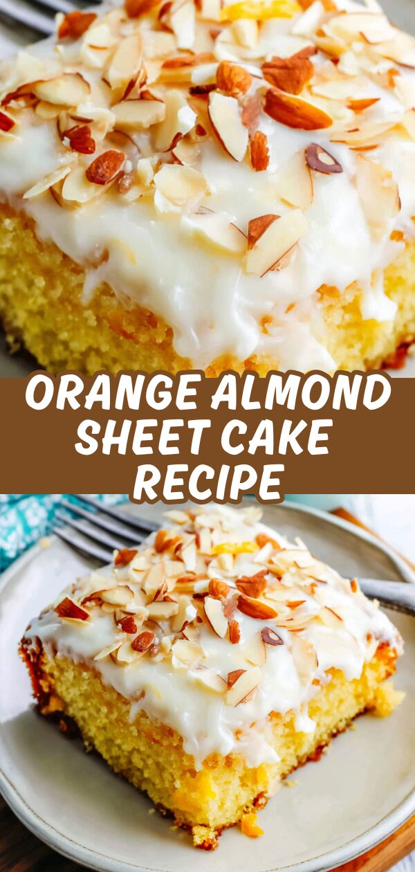 A vibrant sheet cake, speckled with almond slivers and drizzled with a citrus glaze, promises a burst of sunshine in every bite.