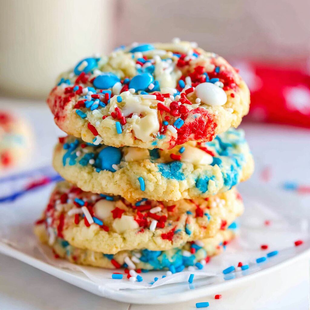 Festive red, white, and blue cookies, baked from cake mix, celebrate a patriotic occasion.