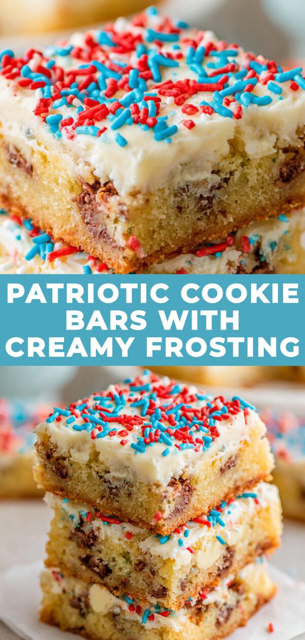 Red, white, and blue swirled cookie bars topped with creamy frosting celebrate a festive occasion.