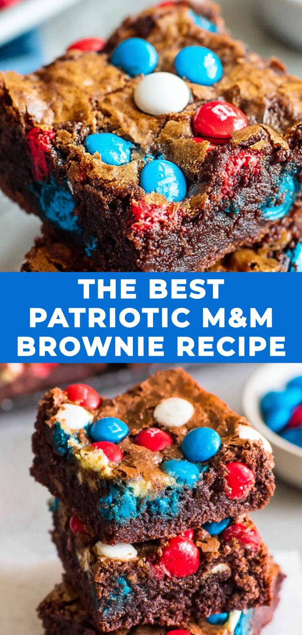 A patriotic brownie, studded with red, white, and blue candies, looks delicious and ready for any celebration.